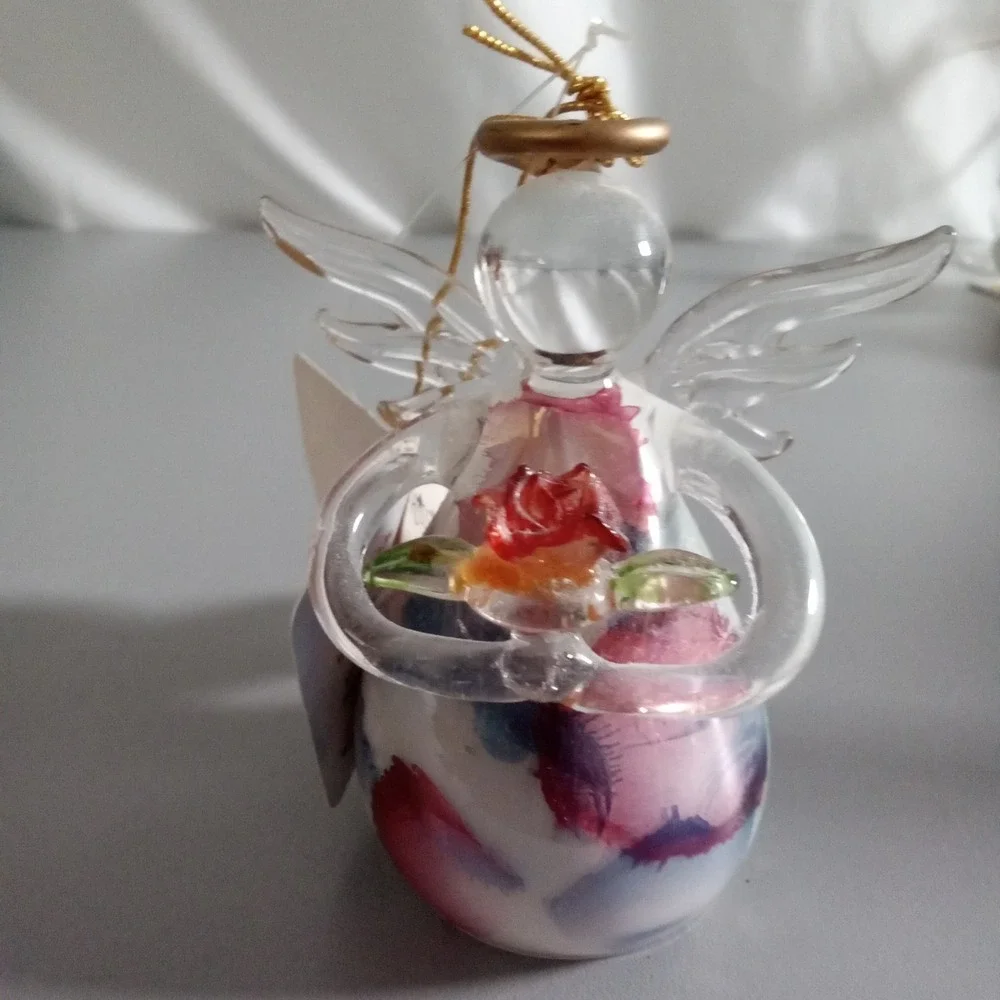 Russ Berrie Angel of the Month June Glass Figurine Rose Ornament 3 inch 15915